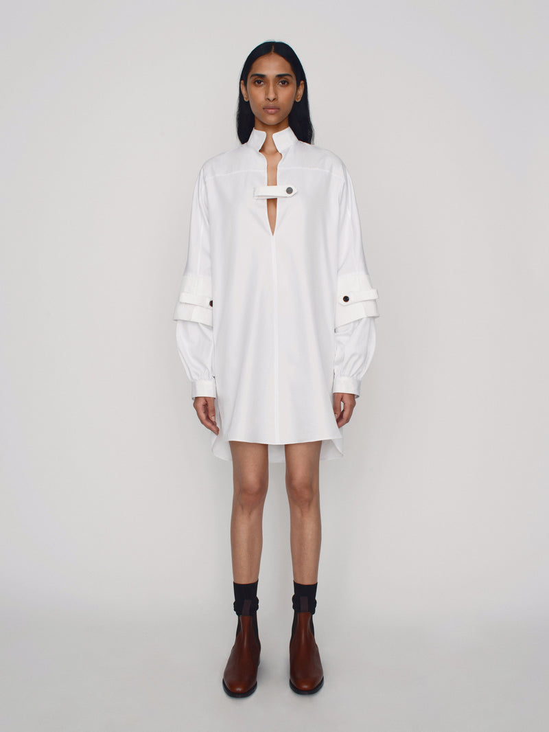 Tailored oversized cotton shirtdress with high collar and double sleeves