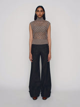 Sleeveless vest in merino wool with crochet front panel in grey-beige