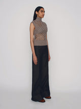 Sleeveless vest in merino wool with crochet front panel in grey-beige