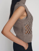 Sleeveless vest in merino wool with crochet front panel in grey-beige