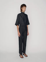 Tailored straight fit denim trousers with cuff details on the hem