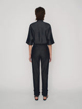 Tailored straight fit denim trousers with cuff details on the hem