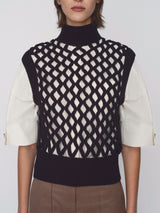 Sleeveless vest in merino wool with crochet front panel in chocolate-brown