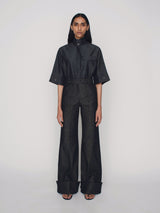 Wide leg tailored denim trousers with cuff details on the hem