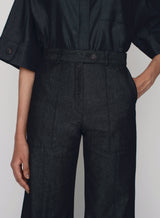 Wide leg tailored denim trousers with cuff details on the hem