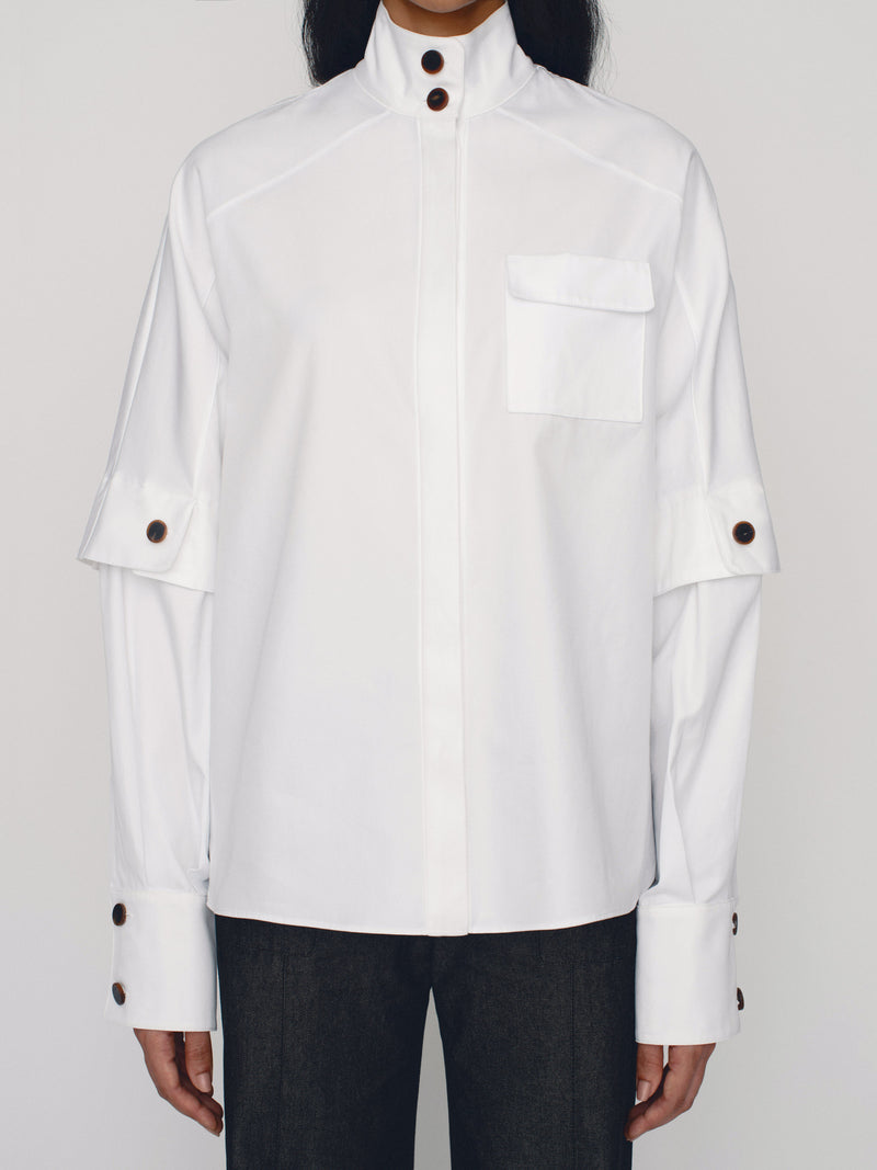 Tailored cotton shirt with high collar and double sleeves