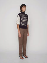 Sleeveless vest in merino wool with crochet front panel in chocolate-brown